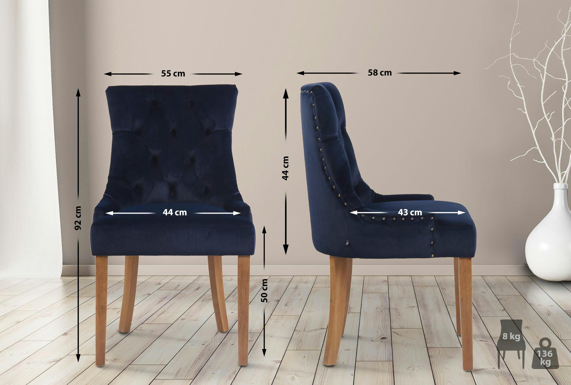 ABERDEEN - Chaise de salle à manger matelassée en velours Bleu