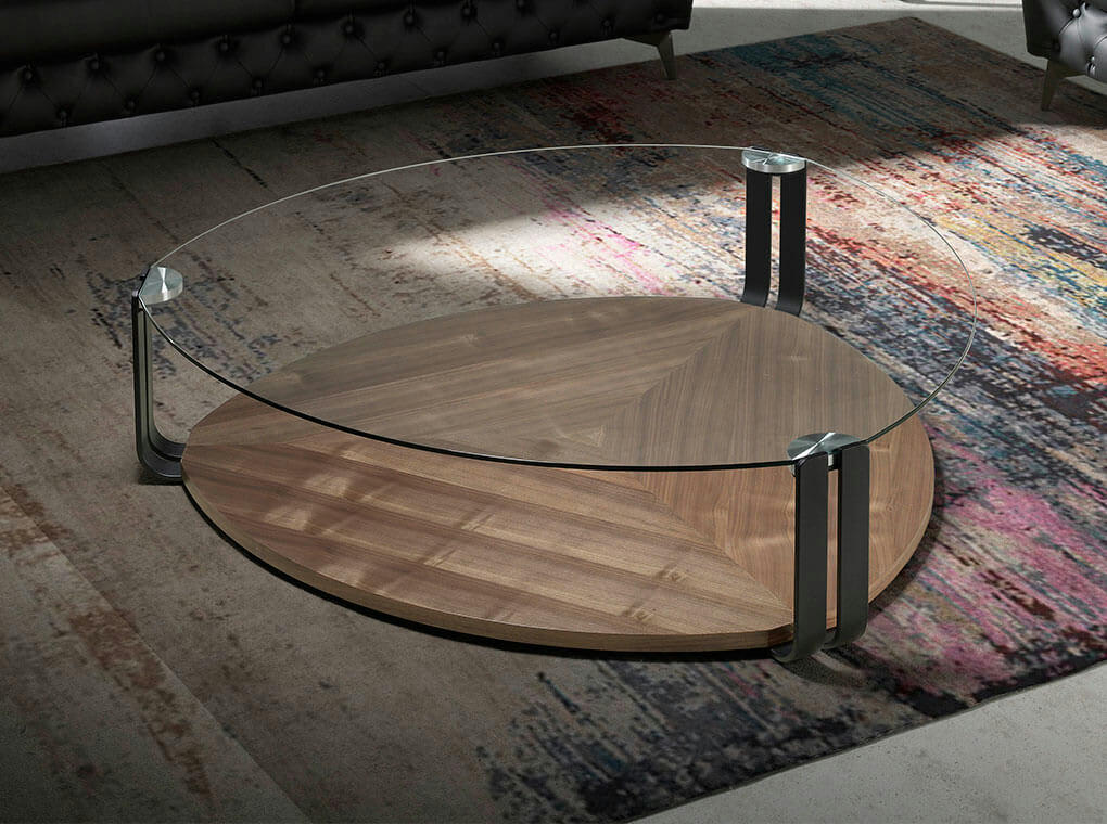 - Table basse effet bois noyer et verre