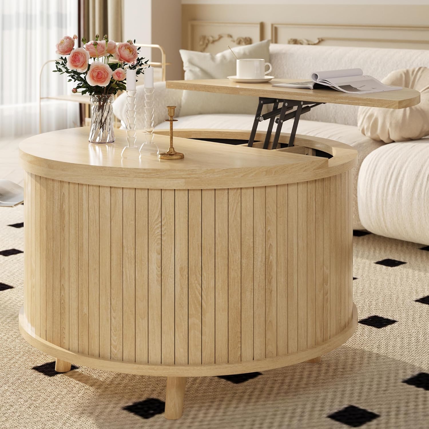 Easyego Lift Top Coffee Table for Small Spaces, 31.5 Mid-Century Modern Wooden Round Table with Storage, Circle Fluted Center Table for Living Room, Work from Home & Apartment, Natural