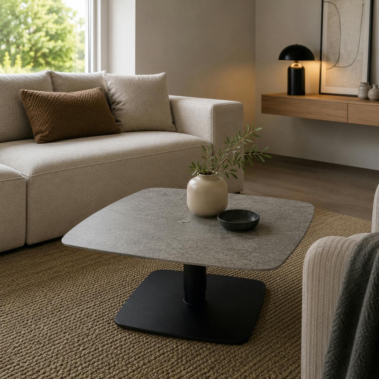 Table basse carrée relevable céramique effet métal LUGANO