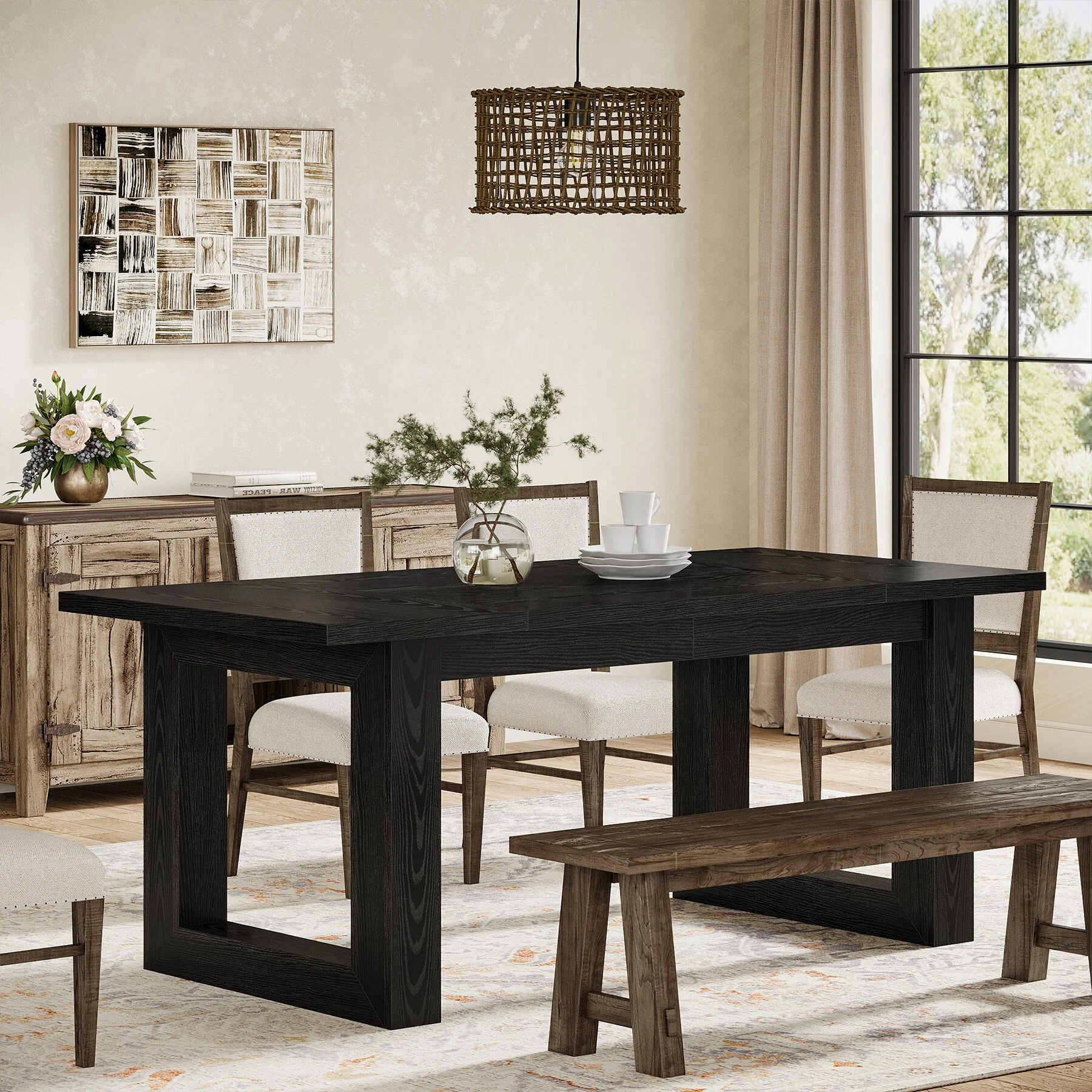 Farmhouse Dining Table for 4-6 People, 63-Inch Wood Kitchen Table