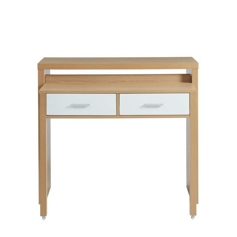 STUDIO - Bureau extensible   blanc et effet chêne 2 tiroirs bois clair et blanc