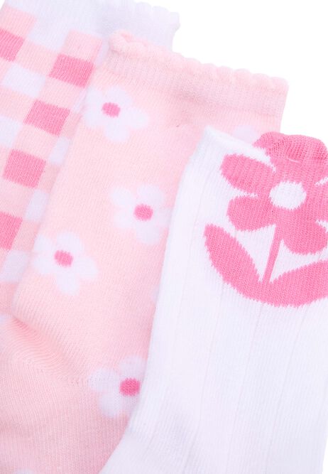 Girls 3pk Pink Flower Gingham Ankle Socks