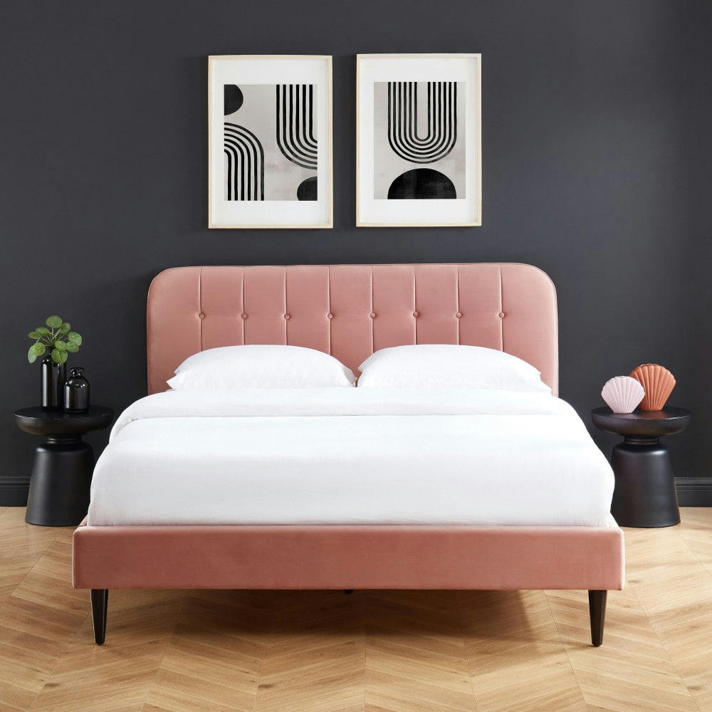 TORGO - Lit matelassé en velours 160x200cm vieux rose