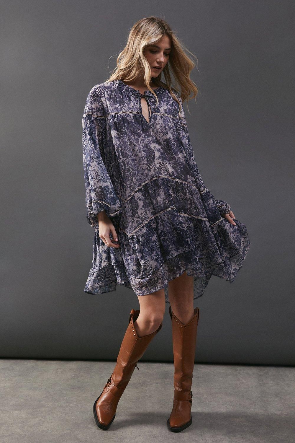 Warehouse Chiffon Faded Paisley Ladder Insert Ruffle Smock Mini Dress