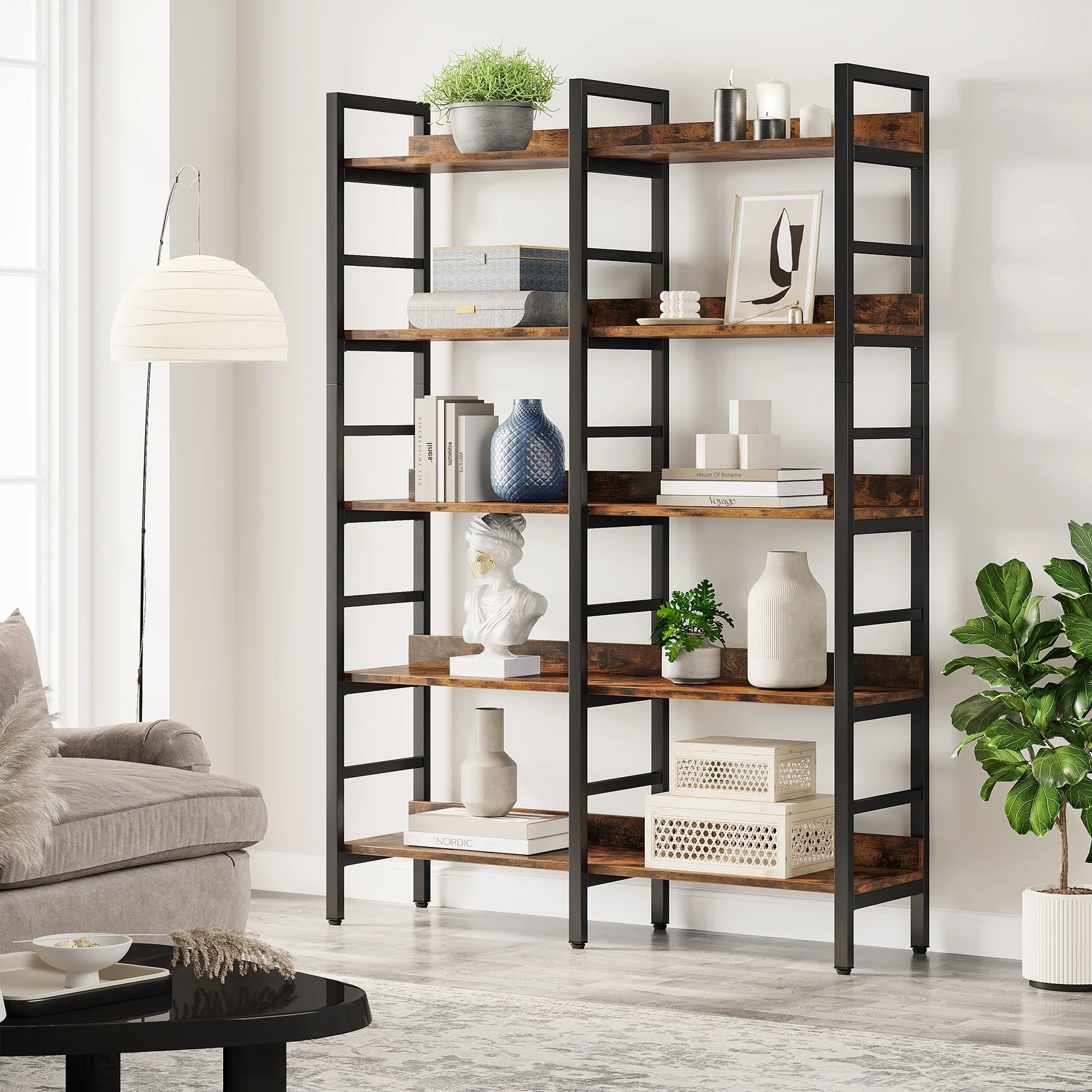 5-Tier Industrial Bookshelf, 71H x 47W Etagere Bookcase Free Standing Wide Book Shelf, Rustic Brown