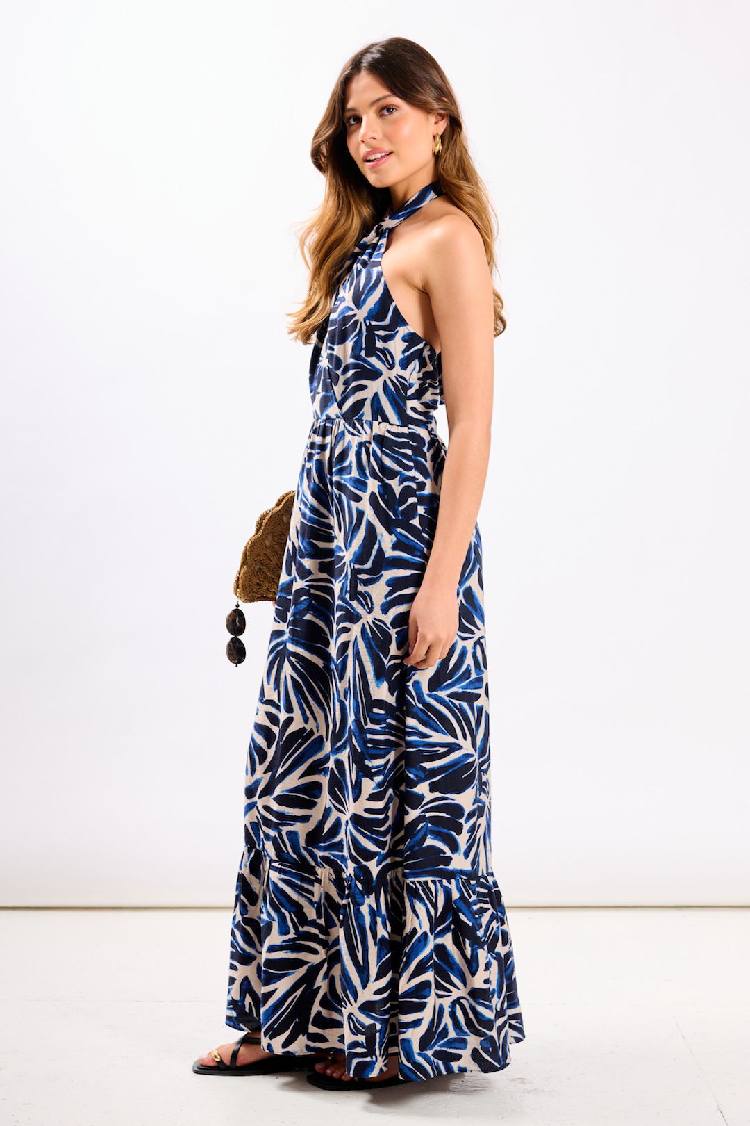 Needs No Label Navy Leaf Halter Maxi Dress