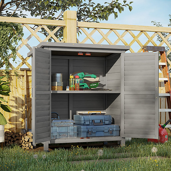Armoire de jardin abri jardin sur pied dim. 87 x 46 x 96 cm étagère portes persiennes toit bitumé bois sapin autoclave gris