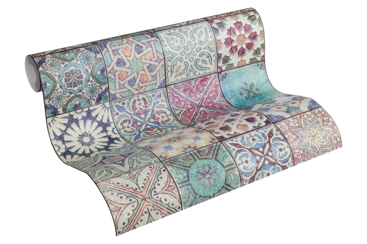 A.S. Création behang tegelmotief blauw, groen en paars - 53 cm x 10.05 m - AS-362051