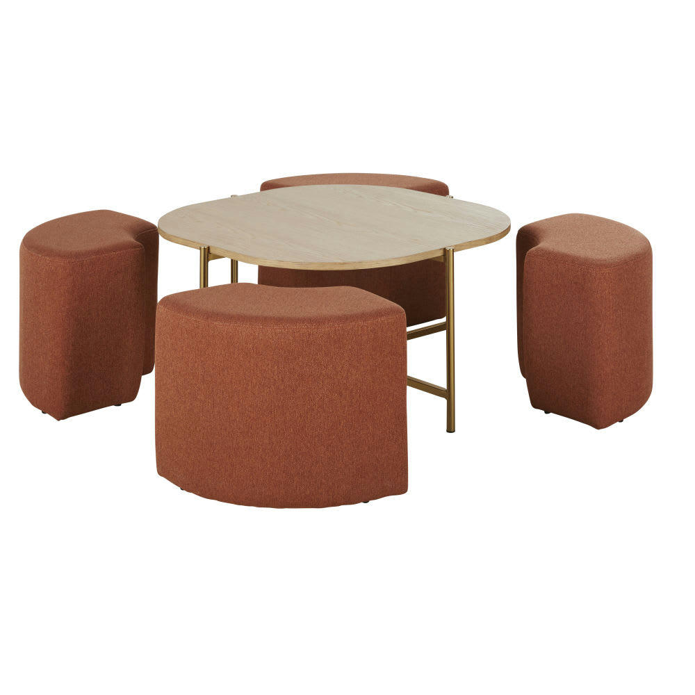Sitdo - Table basse avec 4 poufs en polyester recyclé marron écureuil et métal doré