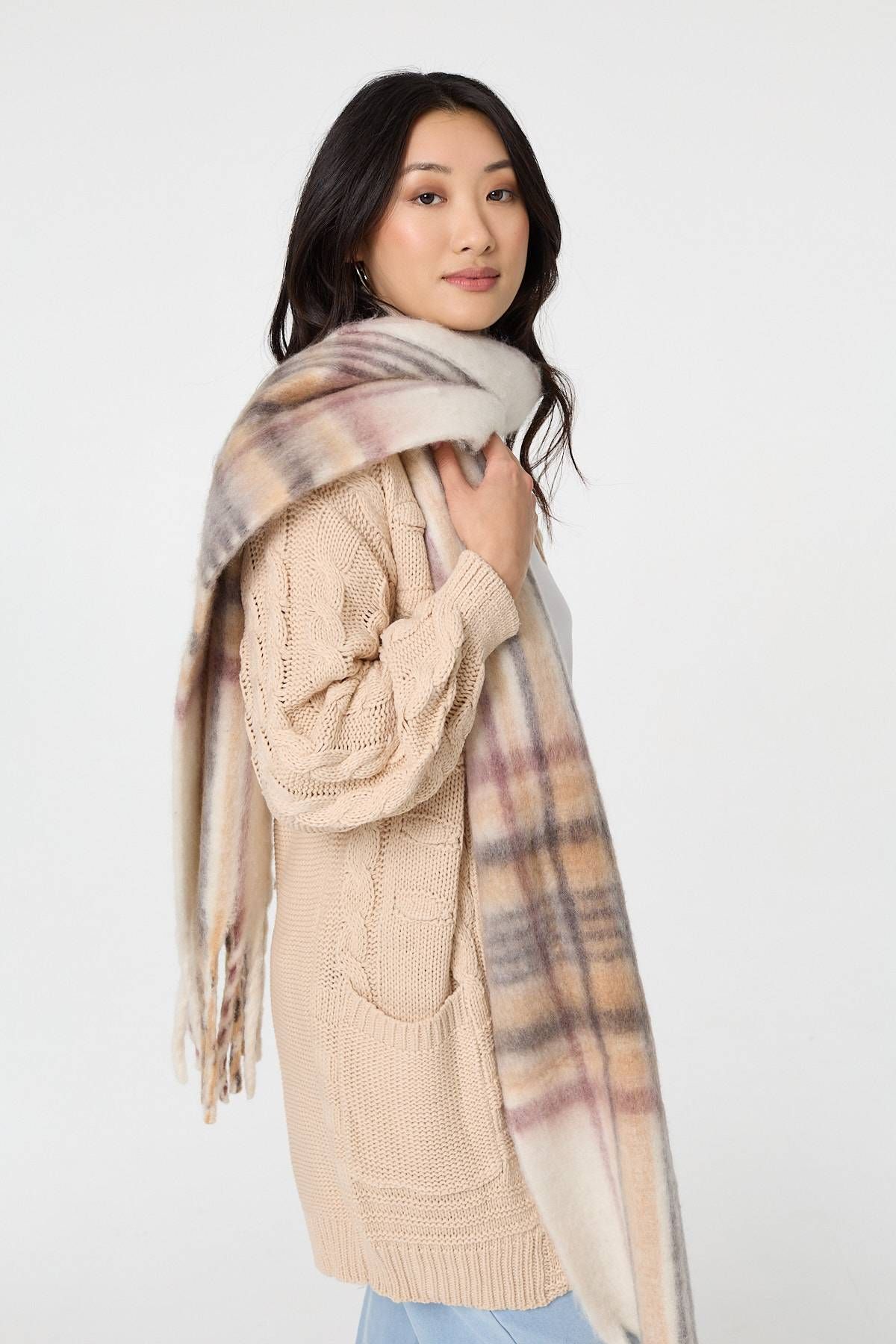 Izabel London Checked Print Oversize Fringed Scarf