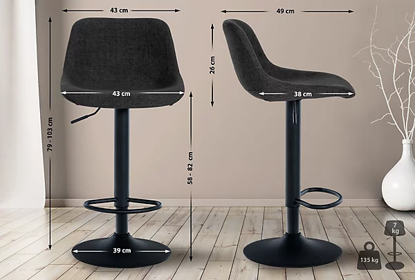 Lot de 2 tabourets de bar Loft, 2 tabourets de comptoir, Chaises avec dossier, pivotantes à 360 , réglables. Noir/Tissu