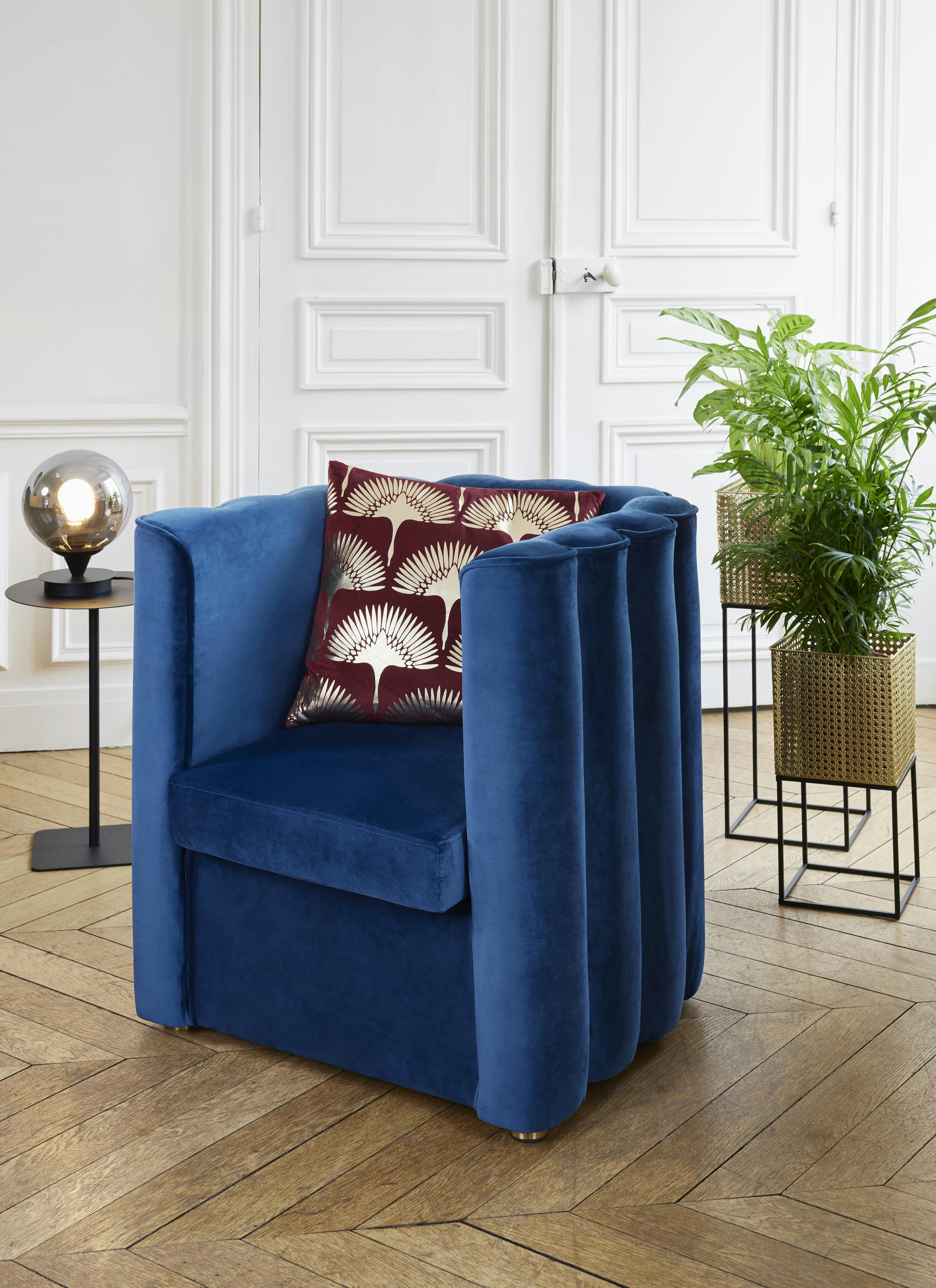 FRIDA - Fauteuil vintage en velours bleu nuit