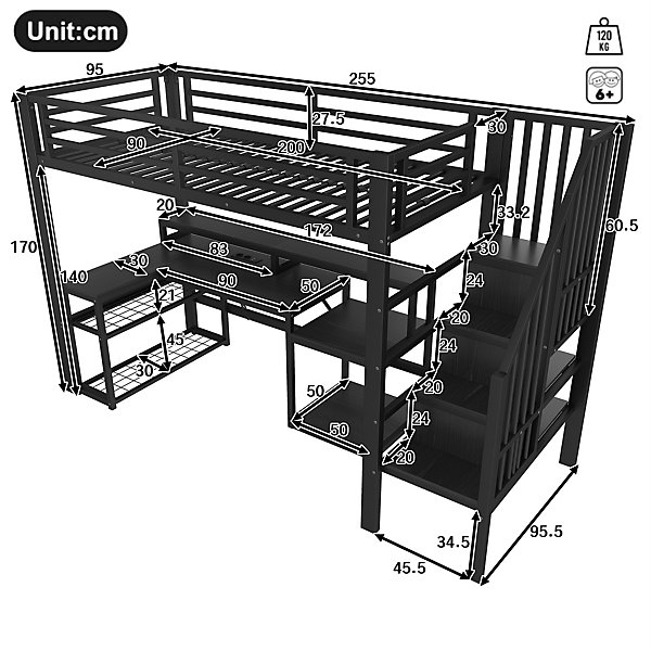 Lit mezzanine enfant en fer 90x200 cm,LED,bureau avec port USB,compartiment de rangement,lit superposé,cadre de lit 1 place,Noir
