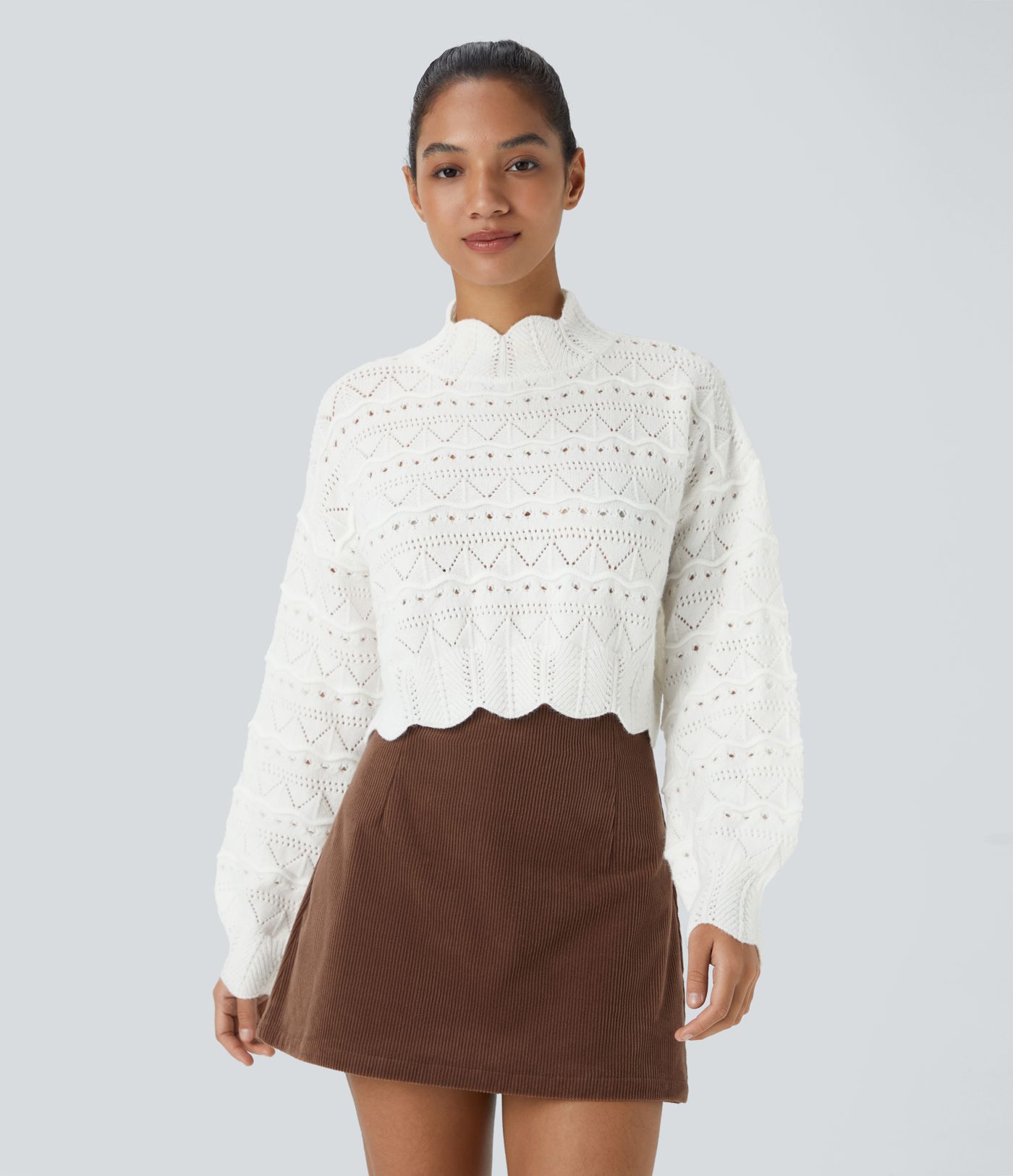 Pull décontracté à col montant, manches évêque, ourlet festonné et maille ajourée