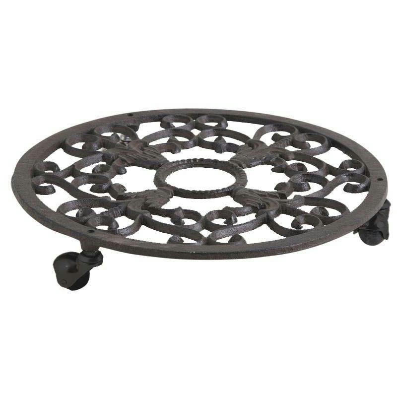 - Support à roulettes en fonte pour pot de fleurs