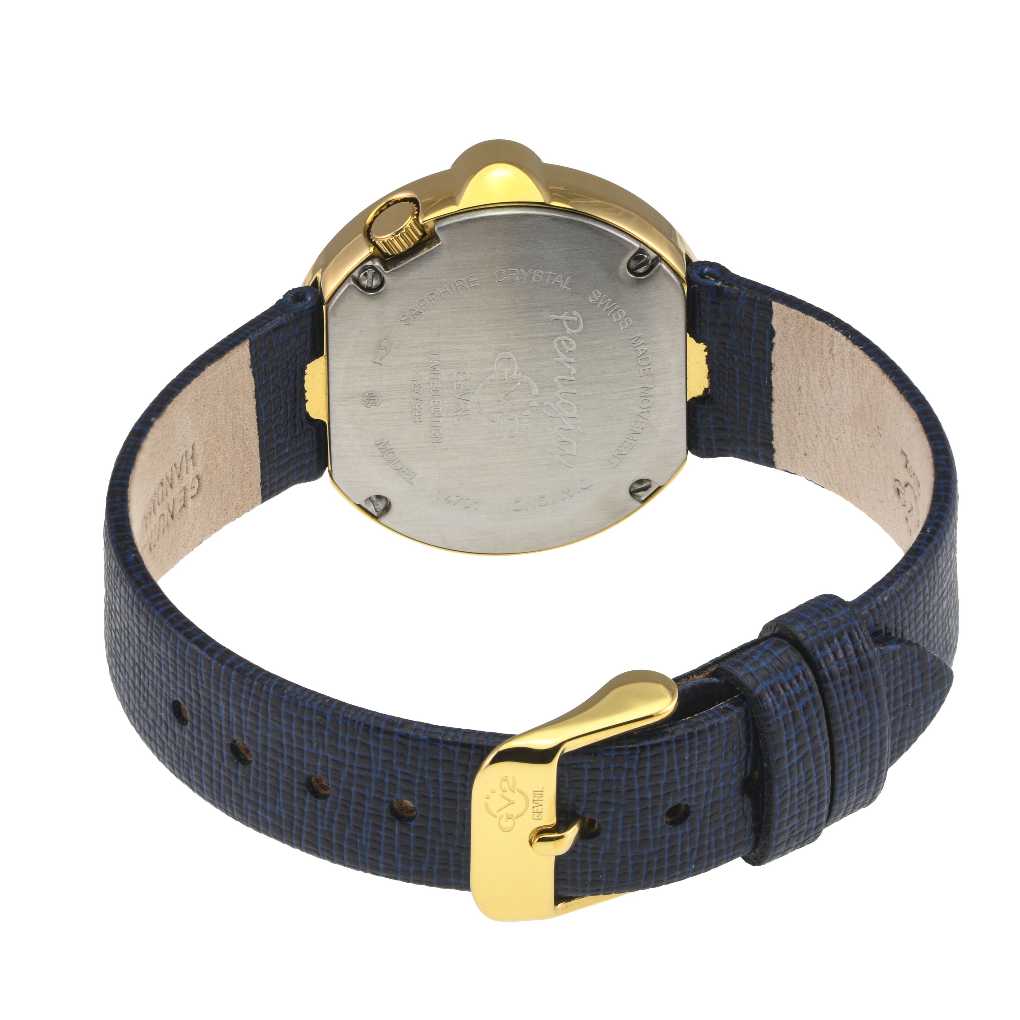 GV2 Perugia Diamond Watch, IPYG Case, Silver/White Dial, Genuine Saffiano Blue Handmade Leather Strap