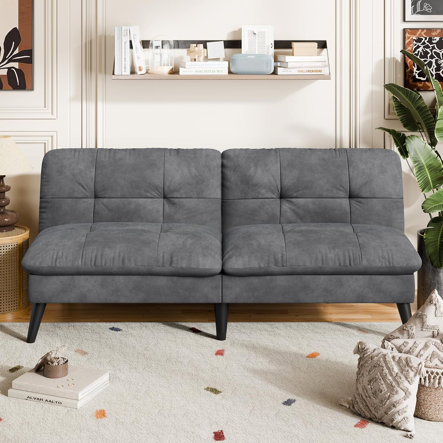 Vongrasig Futon Sofa Bed Velvet Futon Couch with Adjustable Backrest, Small Convertible Folding Sleeper Sofa Bed, Modern Loveseat for Living Room, Bedroom and Small Space, Gray