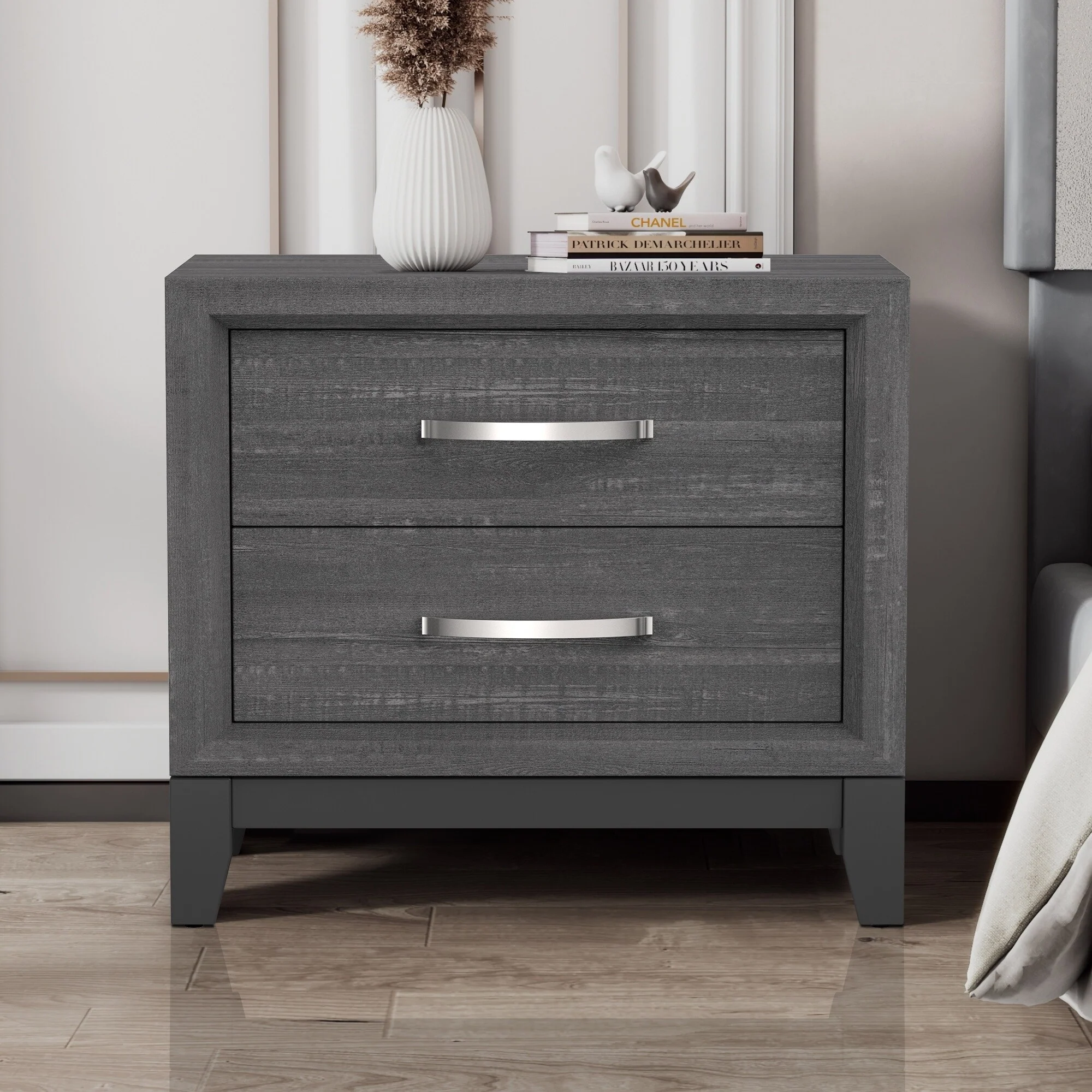 Contemporary Grey Solid Wood 2-Drawer Nightstand End Table