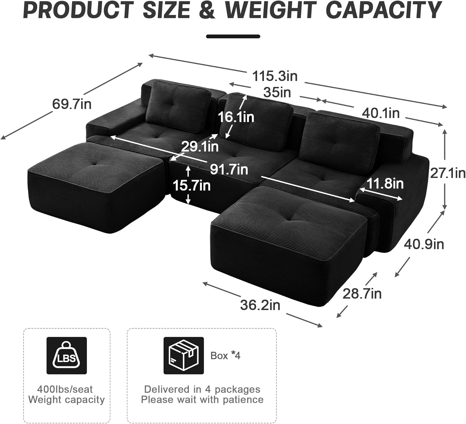 117 Modern Compressed Boneless Couch with Ottoman, 3 Seater Large U Shaped Sectional Couches for Living Room, Black Corduroy Cloud Modular Sectional Sofa, Memory Foam, Extra Deep, No Assembly