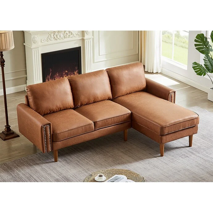 Mid-Century 82 Faux Leather L-Shaped Sectional Sofa