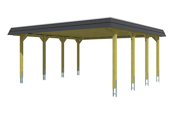 Carport SKAN HOLZ Spreewald 585x589cm, planches de toit et EPDM, bandeau noir, bois résineux imprégné vert