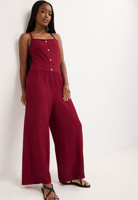 Womens Burgundy Textured Button Through Jumpsuit