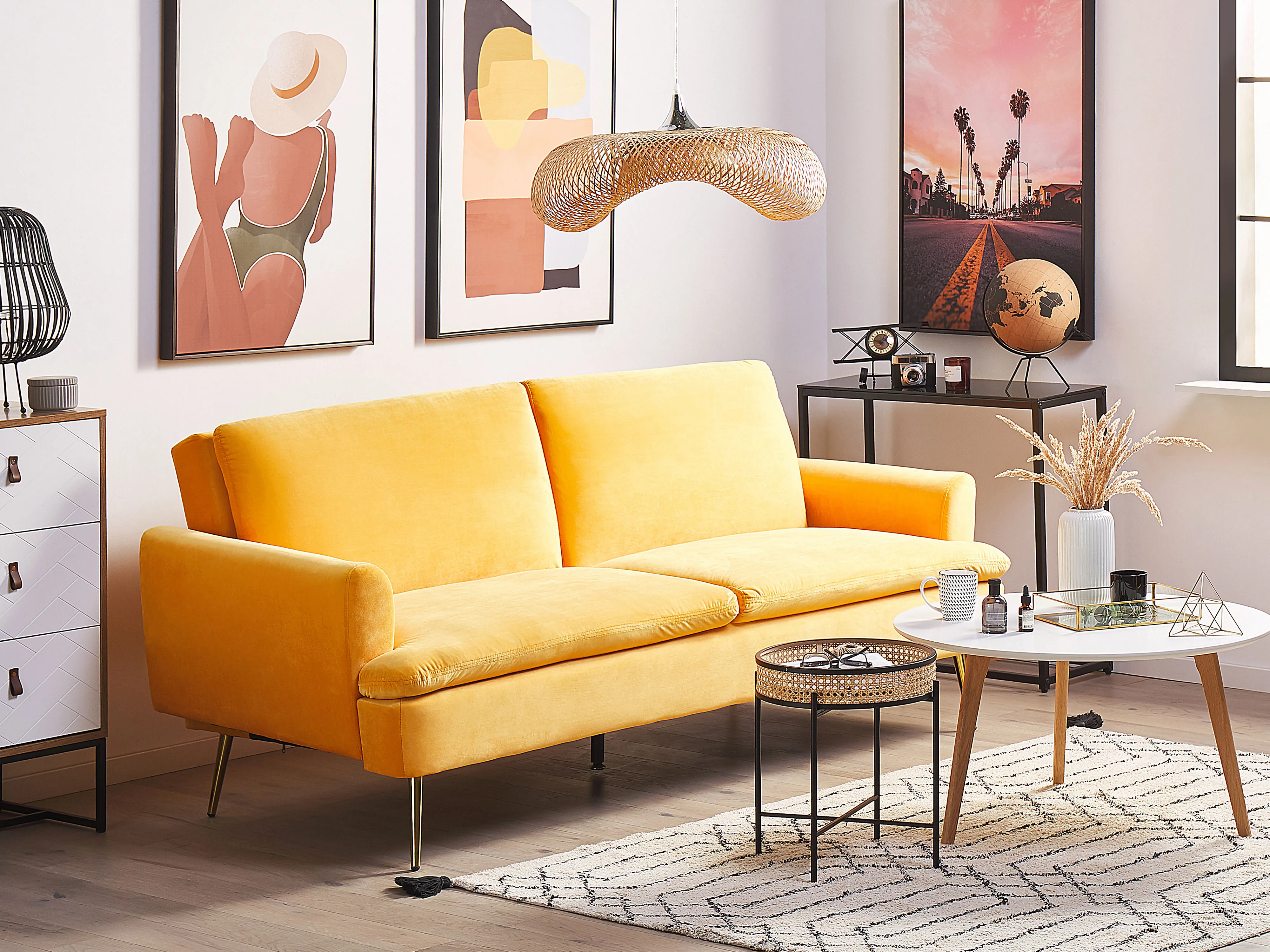 Sofa Bed 3 Seater VETTRE Velvet Yellow