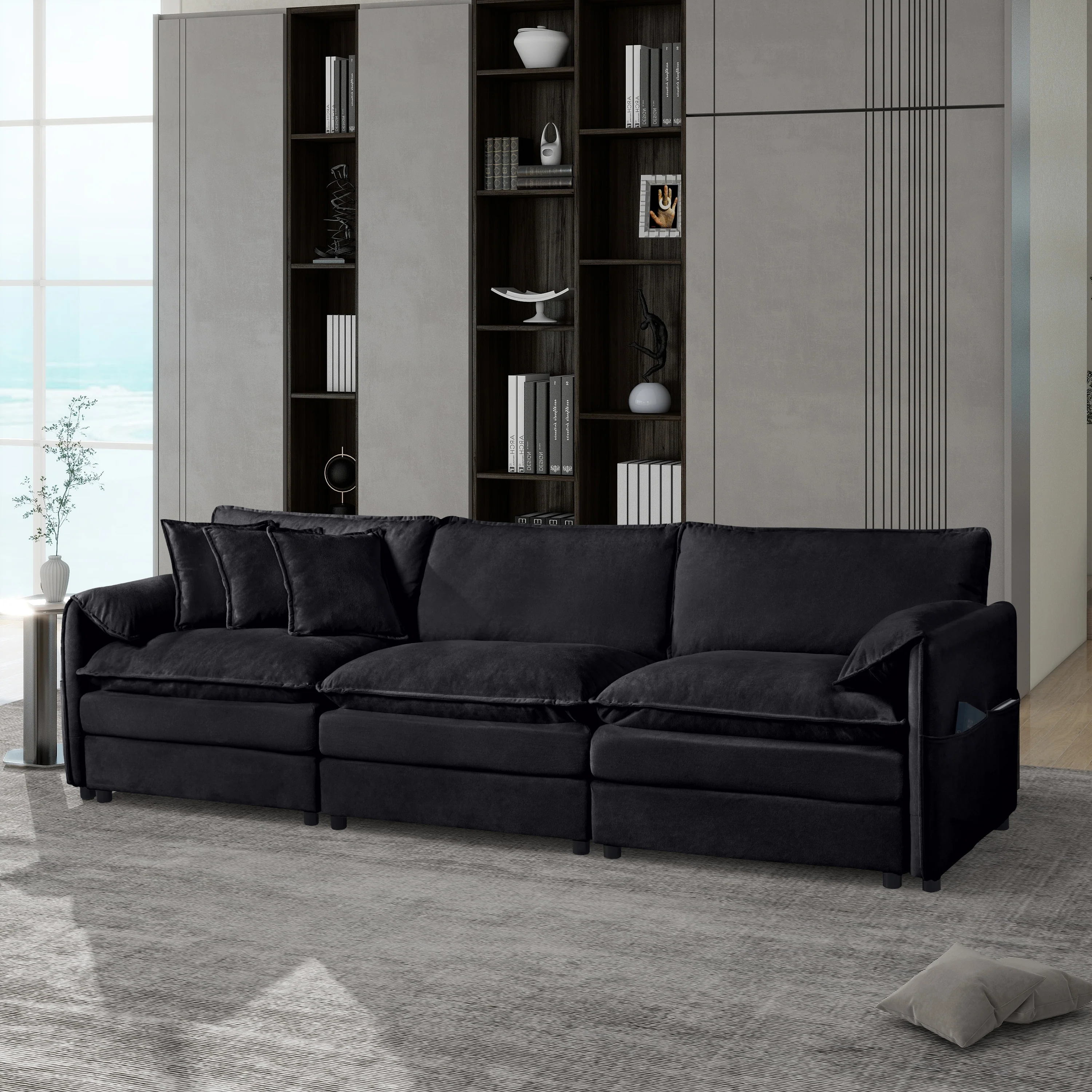 109.45 Chenille Modular 3-Seater Sofa with Dual Cushions & 3 Pillows