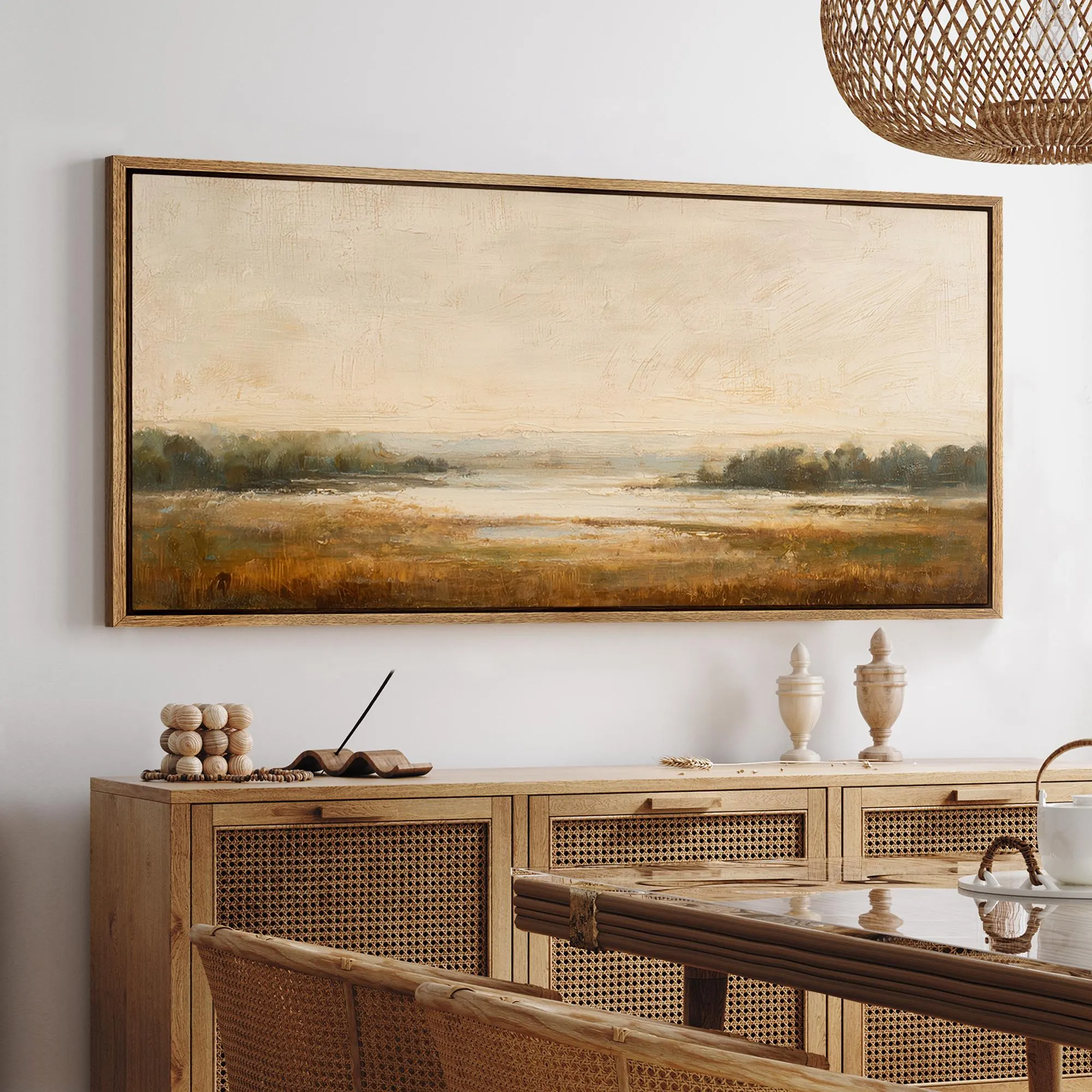 Large Framed Neutral Landscape Wall Art, Warm Earth Tone Marsh Field Scene Canvas Print, Rustic Modern Farmhouse Decor