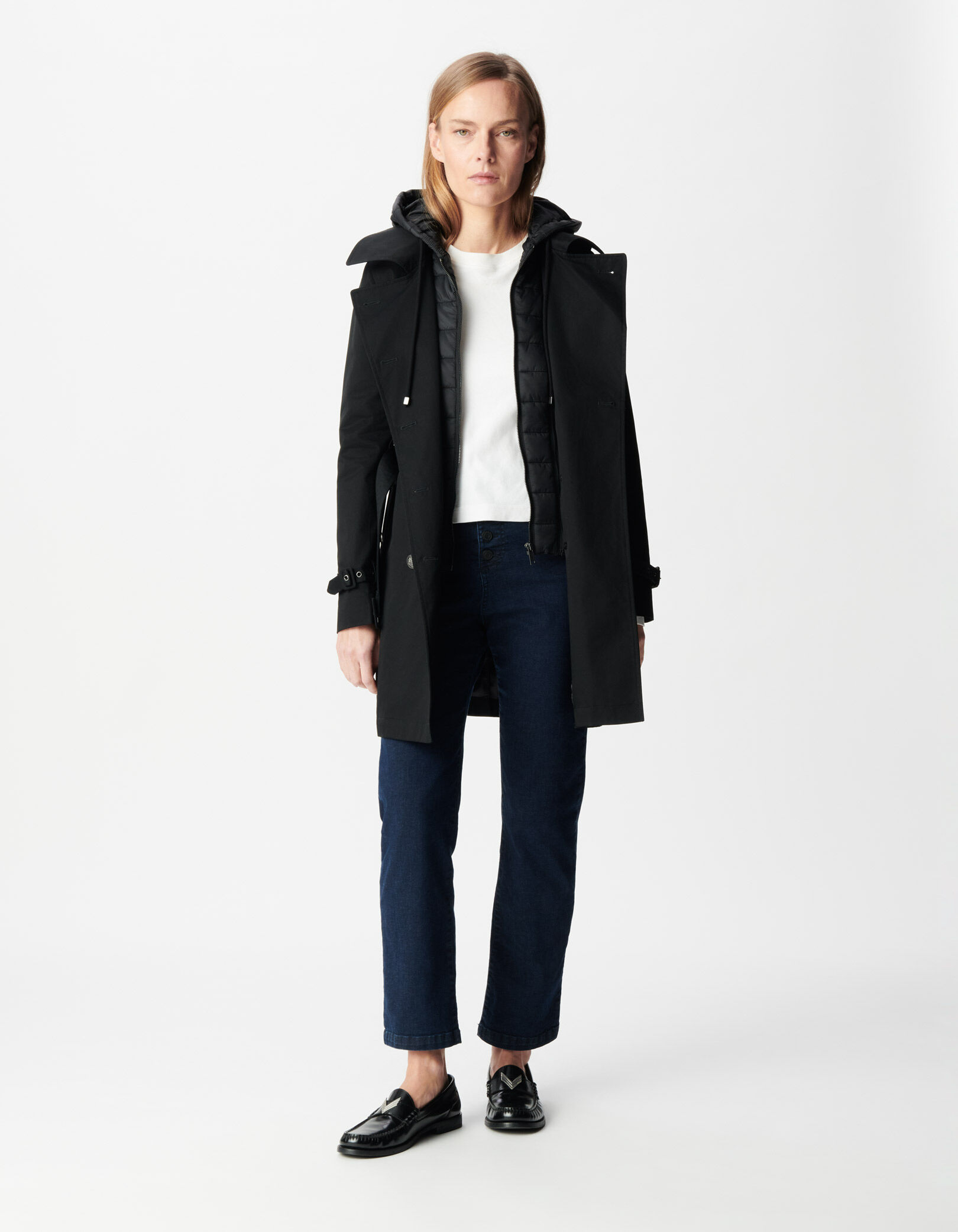 Trench noir capuche nylon amovible Femme