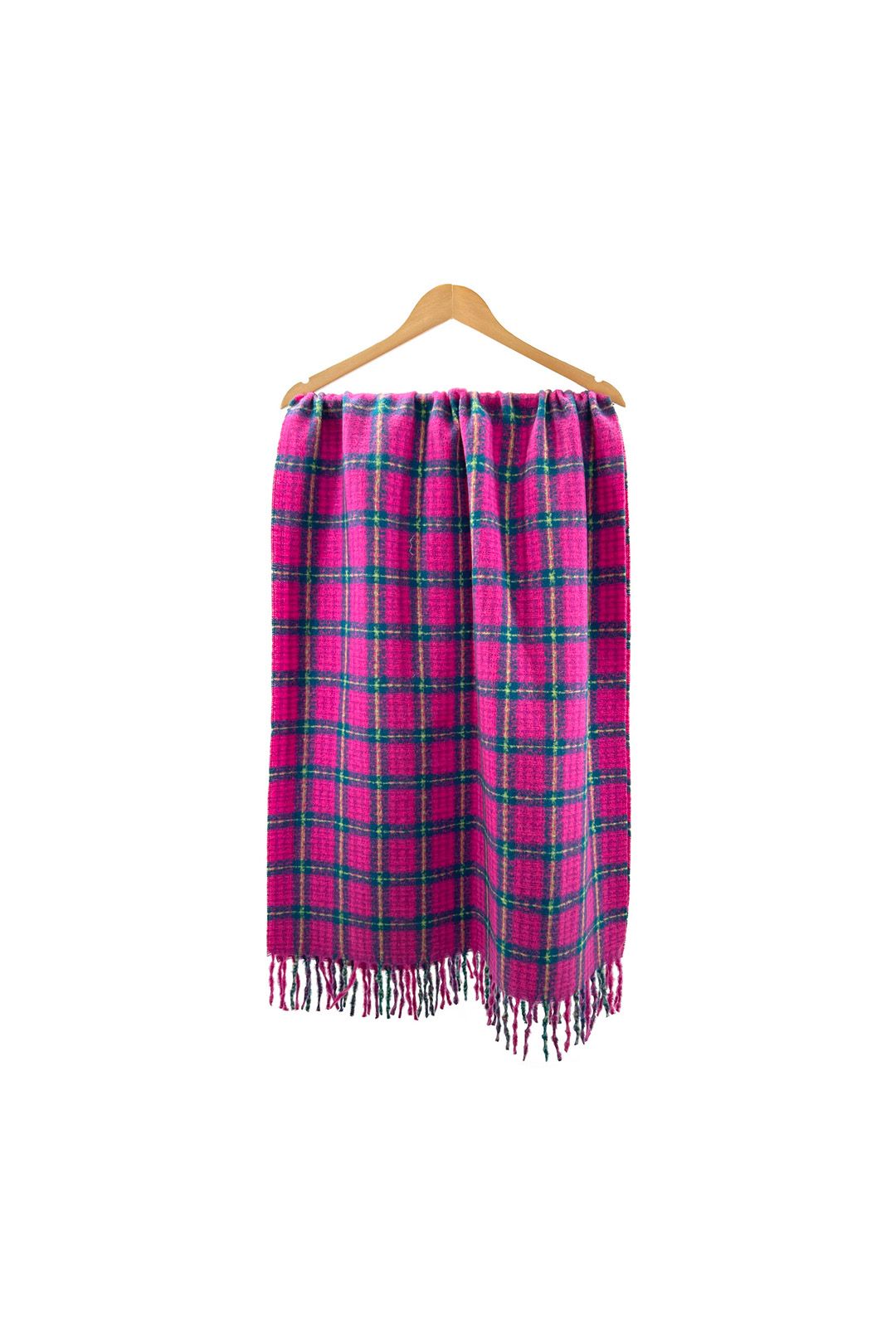 Vellin Vibrant Pink Checked Wool Mix Tassel Scarf