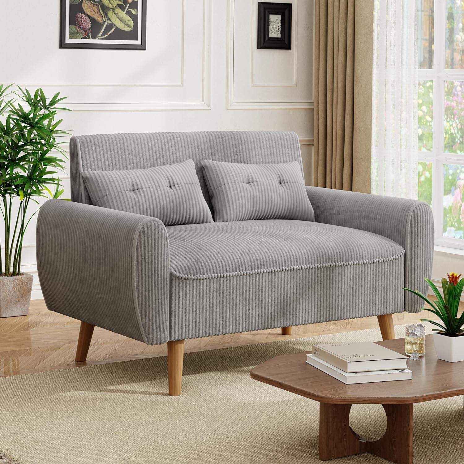 JAMFLY 47'' Small Loveseat Sofa, 2 Seat Compact Couch with Tapered Legs, Light Grey Upholstered Furniture, Solid Wood Frame, Comfy Foam Cushion, Easy Assembly for Small Spaces