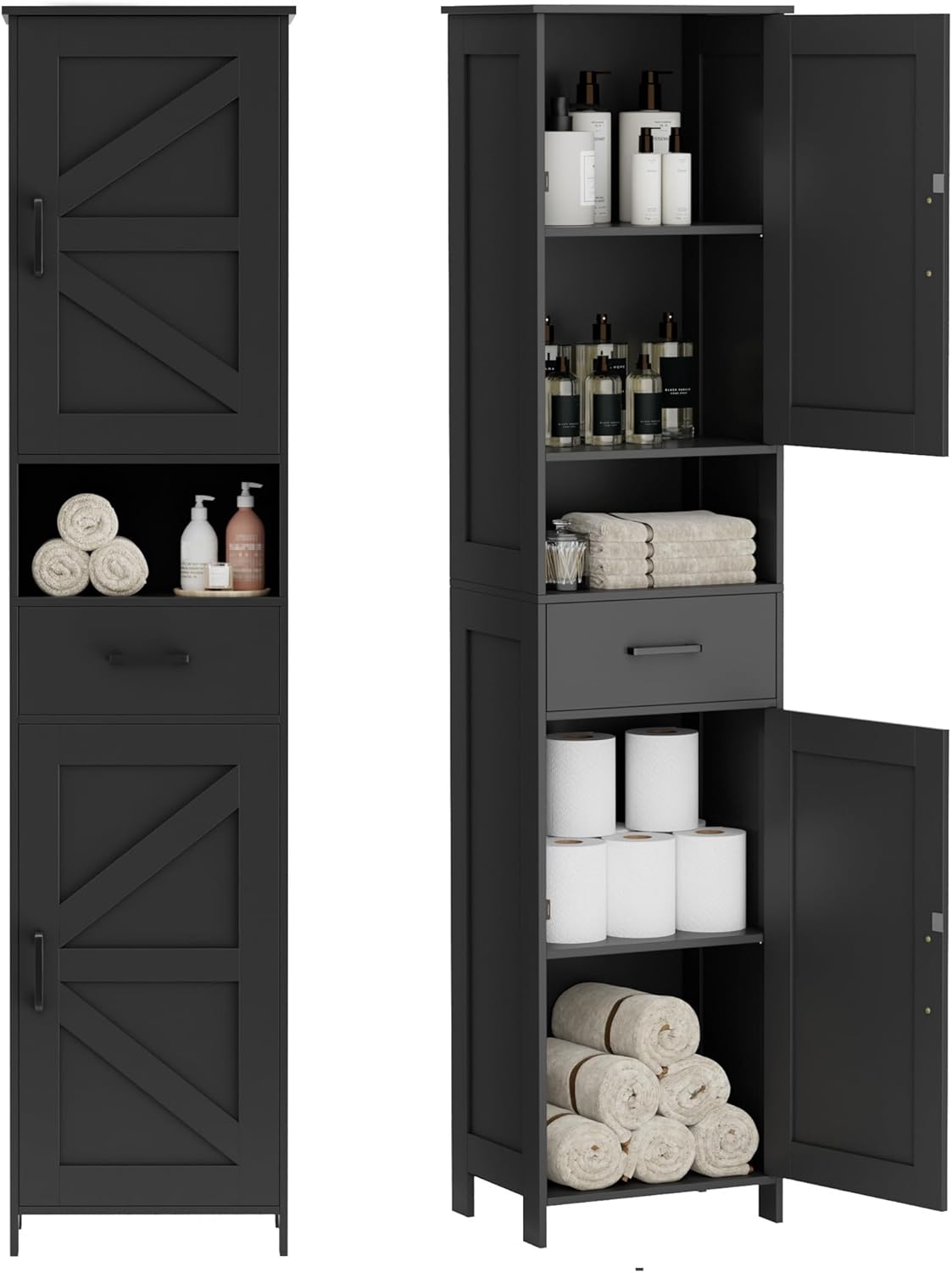 Homhedy 67 H Tall Bathroom Storage Cabinet with 2 Barn Doors and 1 Drawer, Narrow Storage Unit, Adjustable Shelves, Floor Cabinet for Bathroom, Living Room, Entryway, Kitchen, Black, (15.7 W)