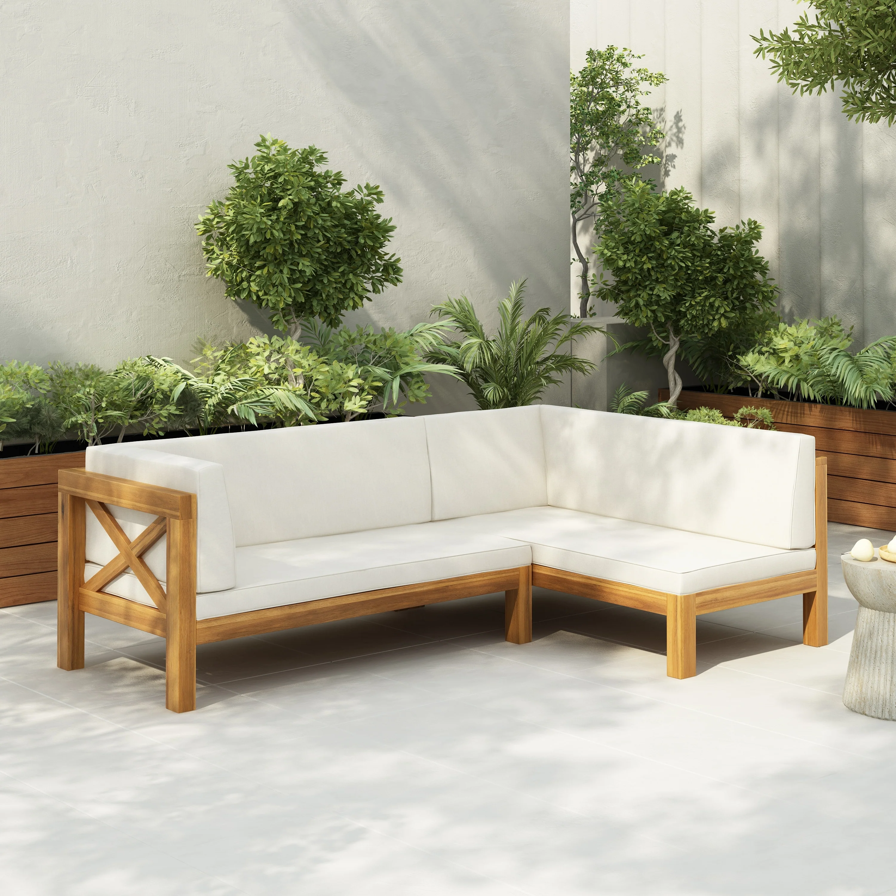 Brava Outdoor Acacia Wood X-Back Patio Sectional Sofa by Christopher Knight Home