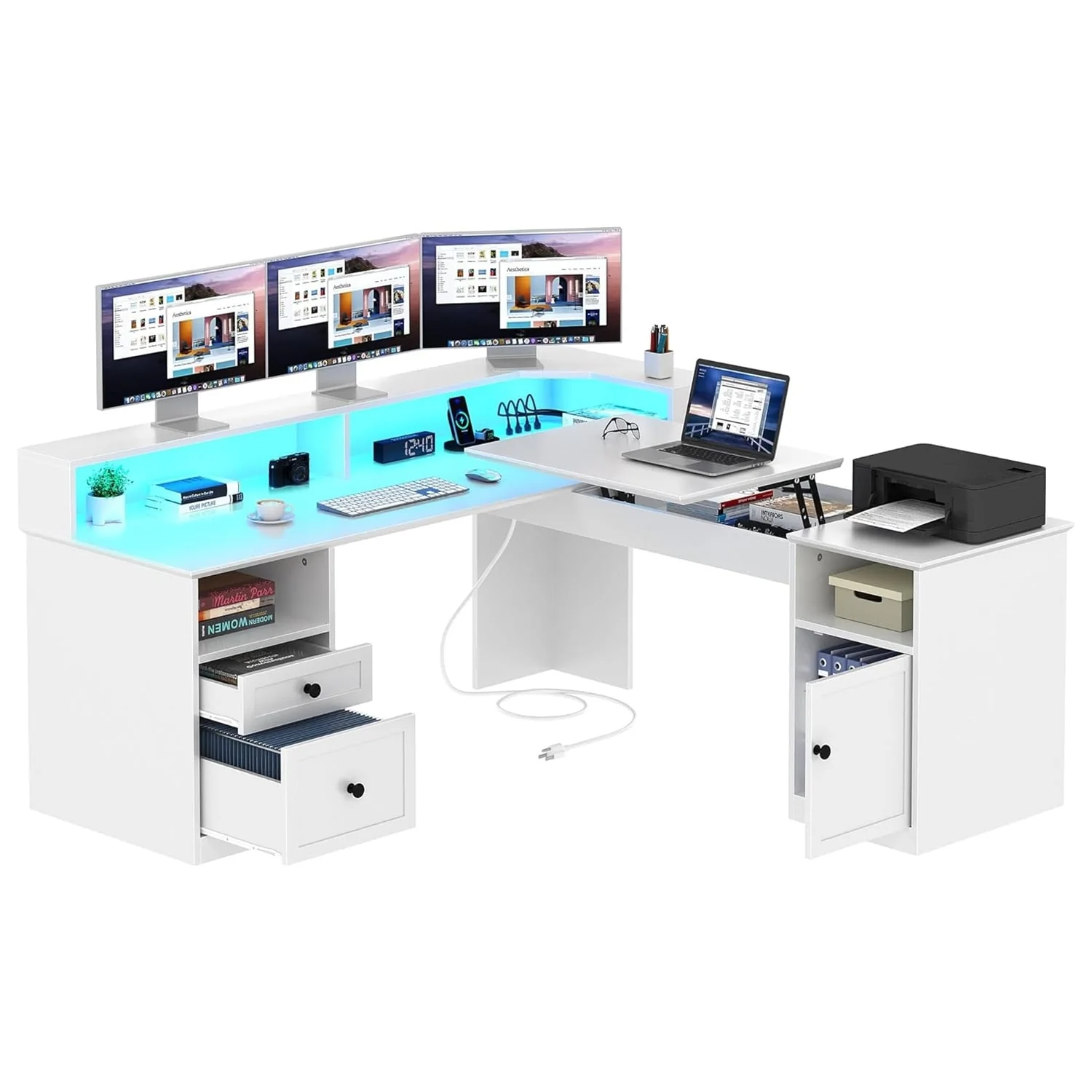 Moasis 59 L Shaped Desk Corner LED Computer Gaming Desk with File Cabinet and Lift Table Top