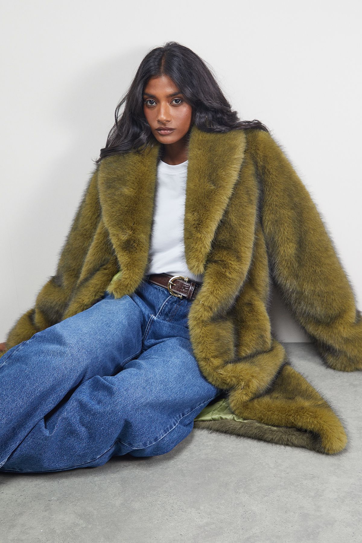 Warehouse Two Tone Luxe Faux Fur Coat