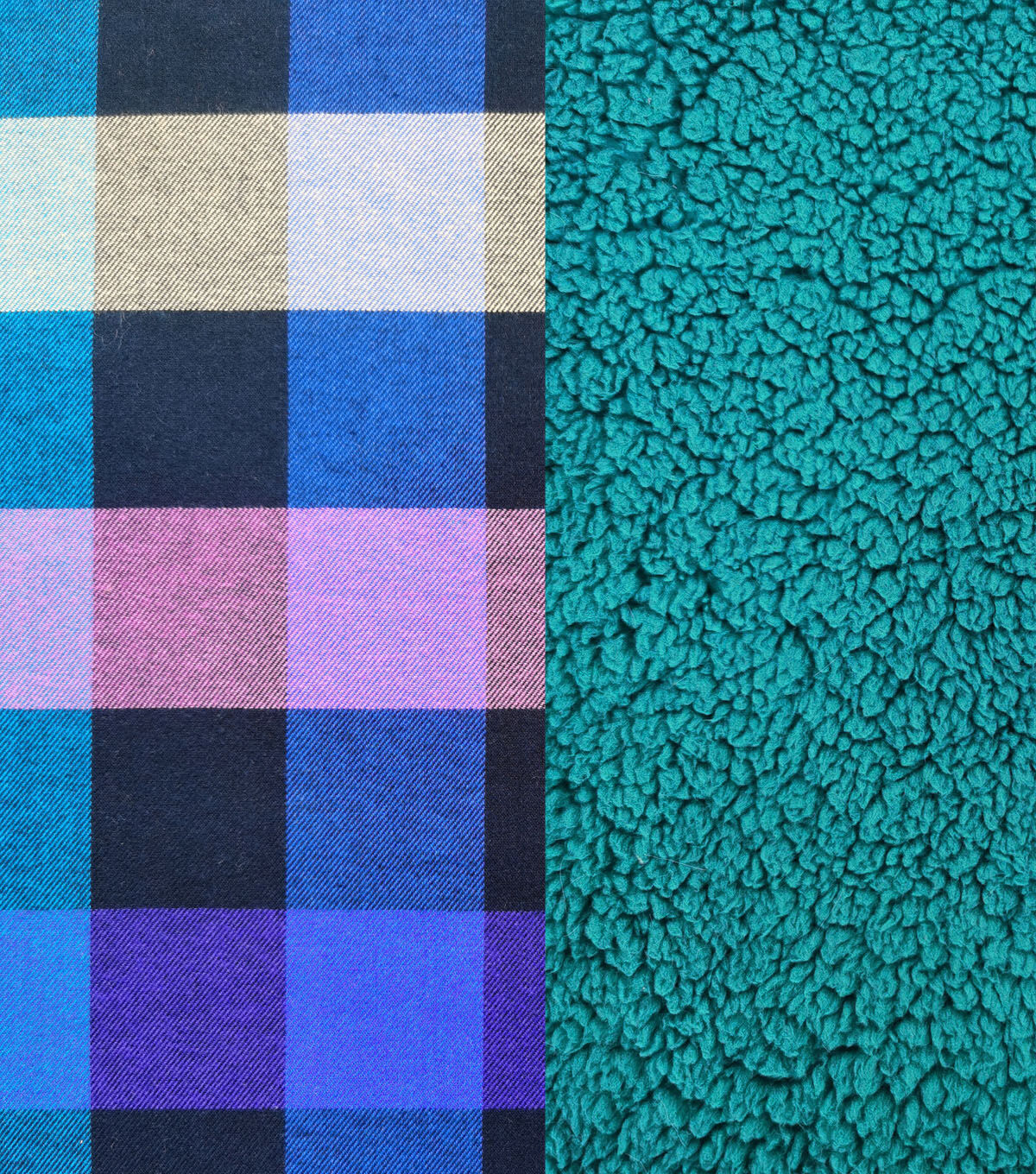 Dark Blue Diagonal Plaid & Teal Backed Sherpa Fabric