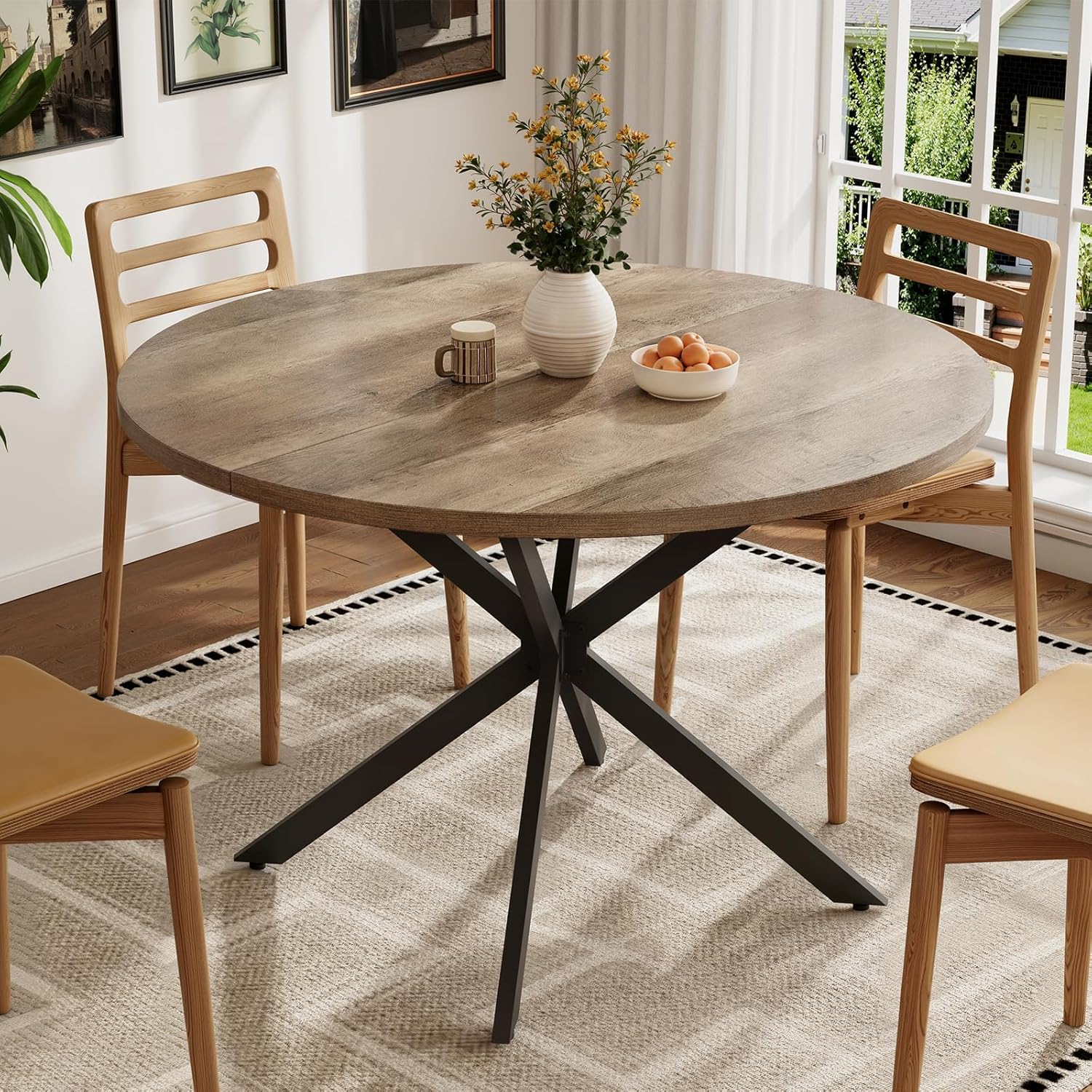 Vantic 47 Round Dining Table for 4-6 People, Farmhouse Wood Kitchen Table for Small Space, Circle Dining Table with Metal Base for Kitchen & Living Room, Ivory