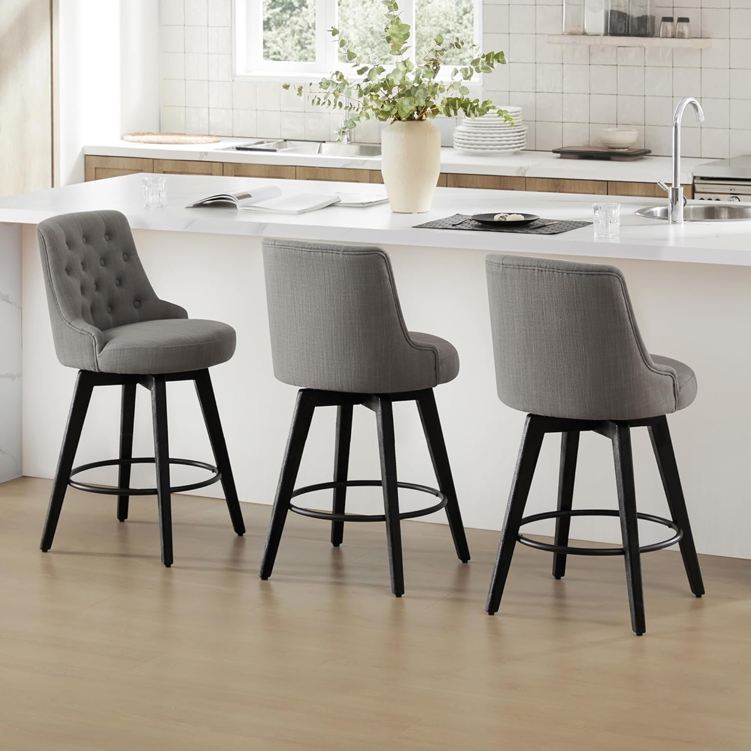 Watson & Whitely Modern Swivel Bar Stools, Performance Fabric Upholstered Counter Height Bar Stool with Back, Solid Wood Legs, 26 H Seat, Set of 2, Flint Grey