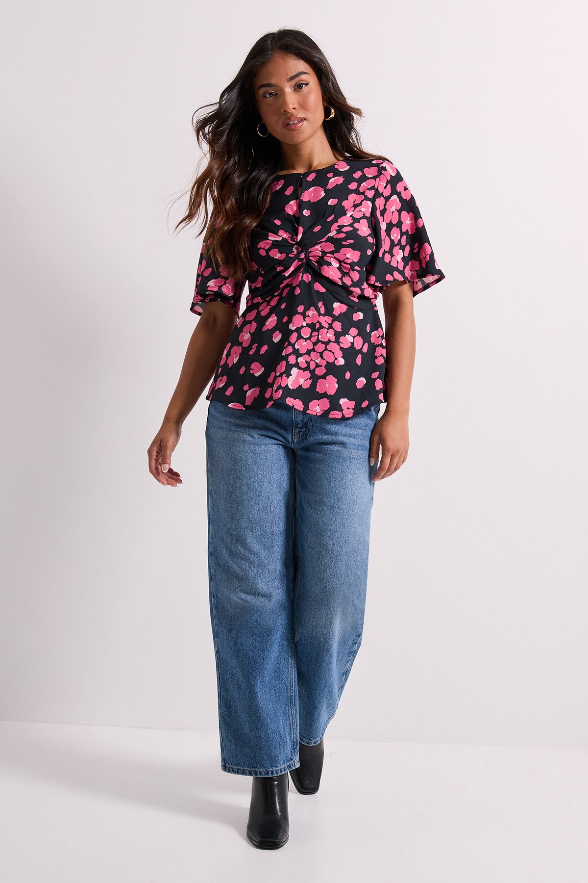 Dorothy Perkins Petite Pink Animal Twist Front Angel Sleeve Top