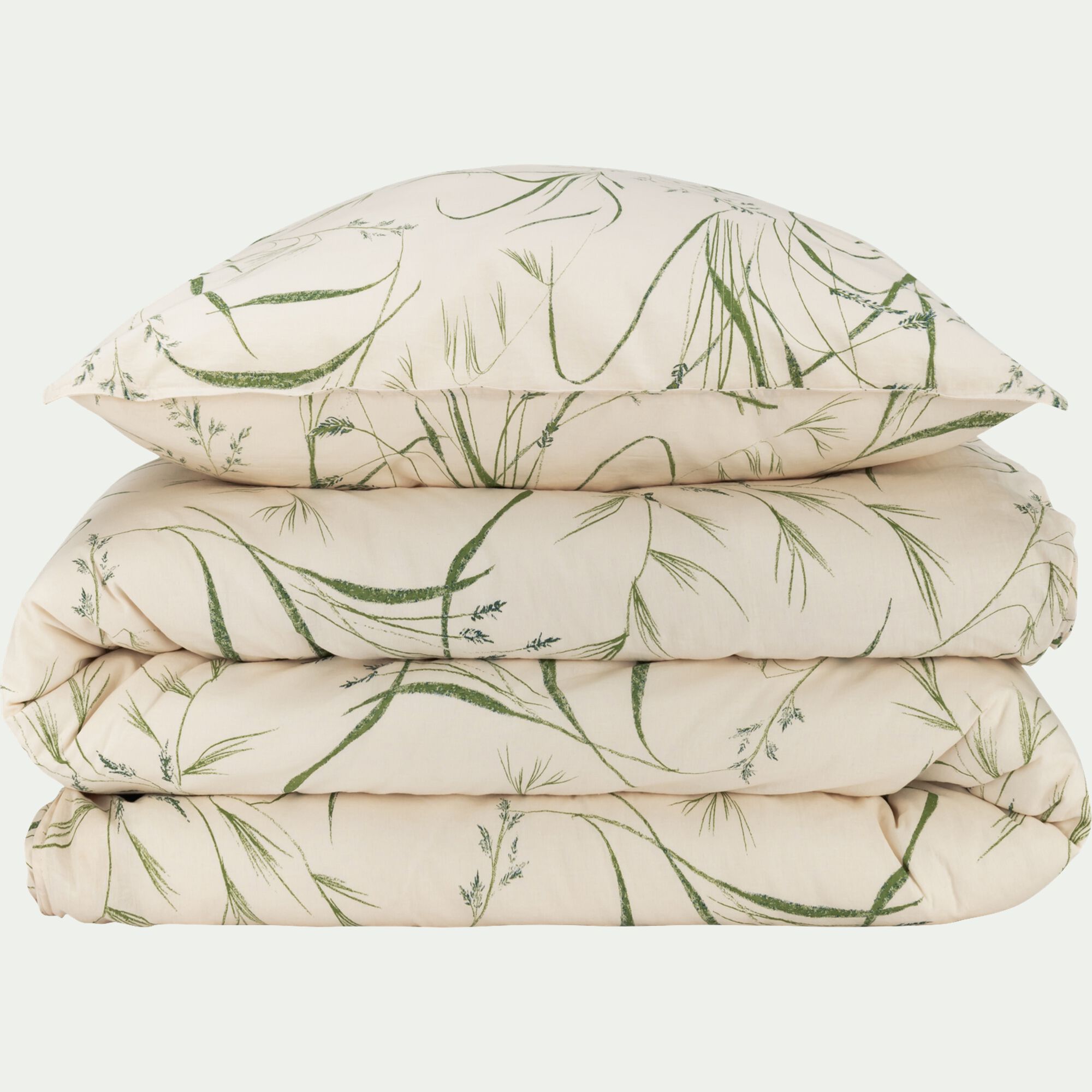 OYAT - Housse de couette 240x220cm et 2 taies d'oreiller 63x63cm en coton à motif végétal - beige