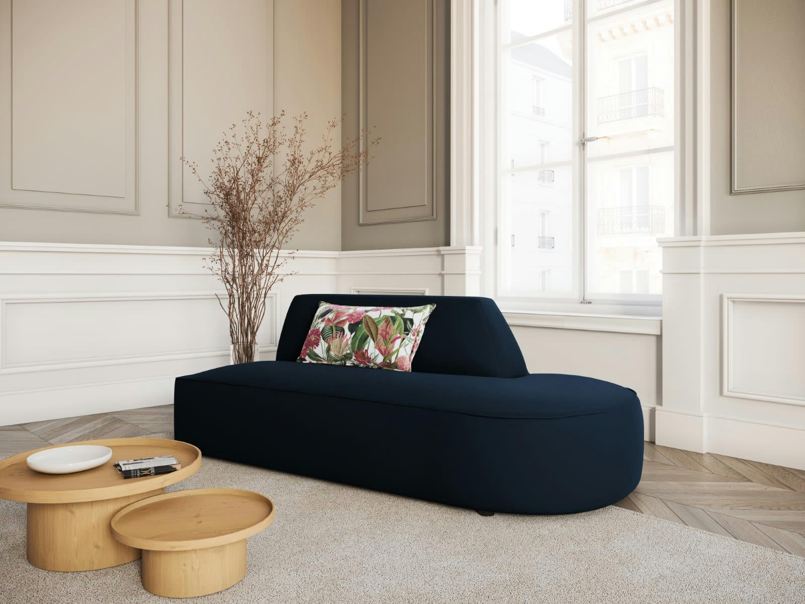 CHARLES - Canapé Modulable Droit 2 places en Velours Bleu Foncé