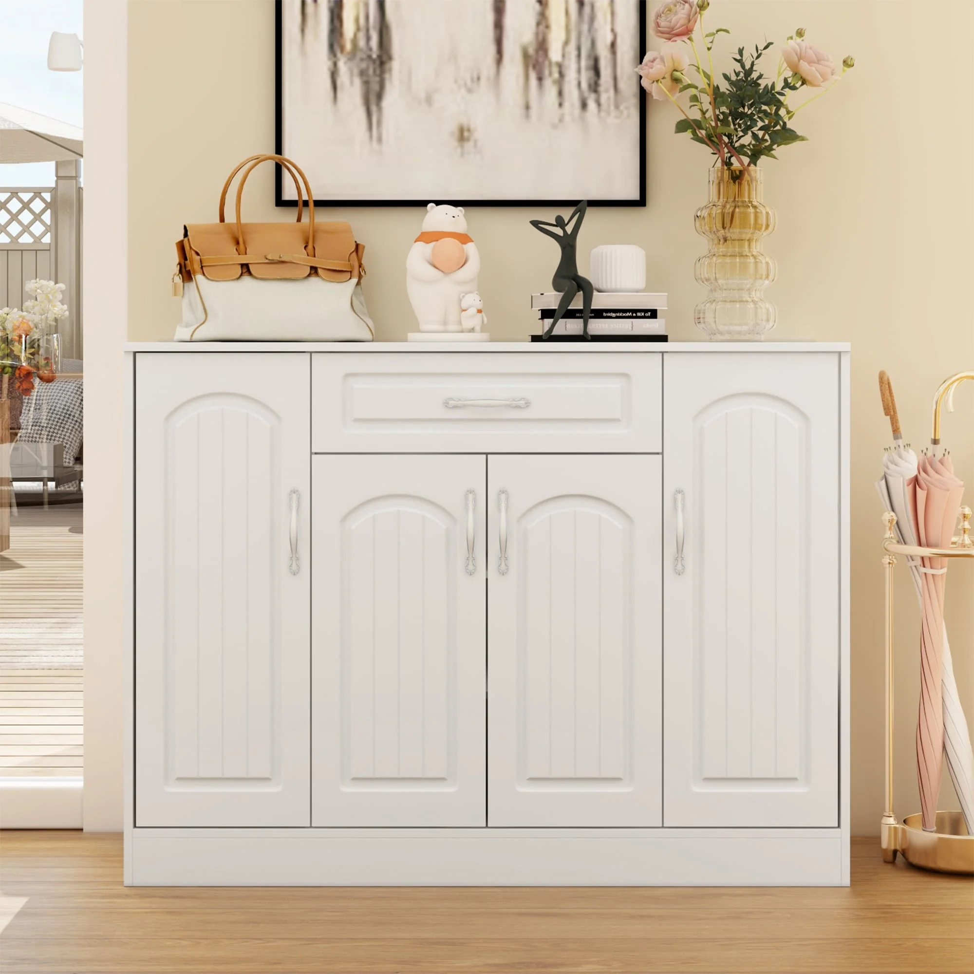 Multi-Functional White Shoe Cabinet with Adjustable Shelves Entryway