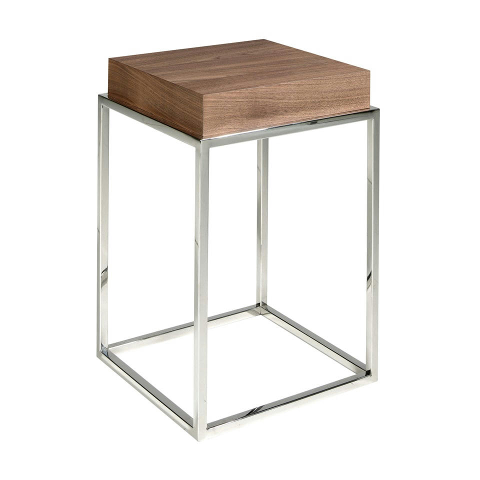 - Table d'appoint effet bois noyer et acier chromé