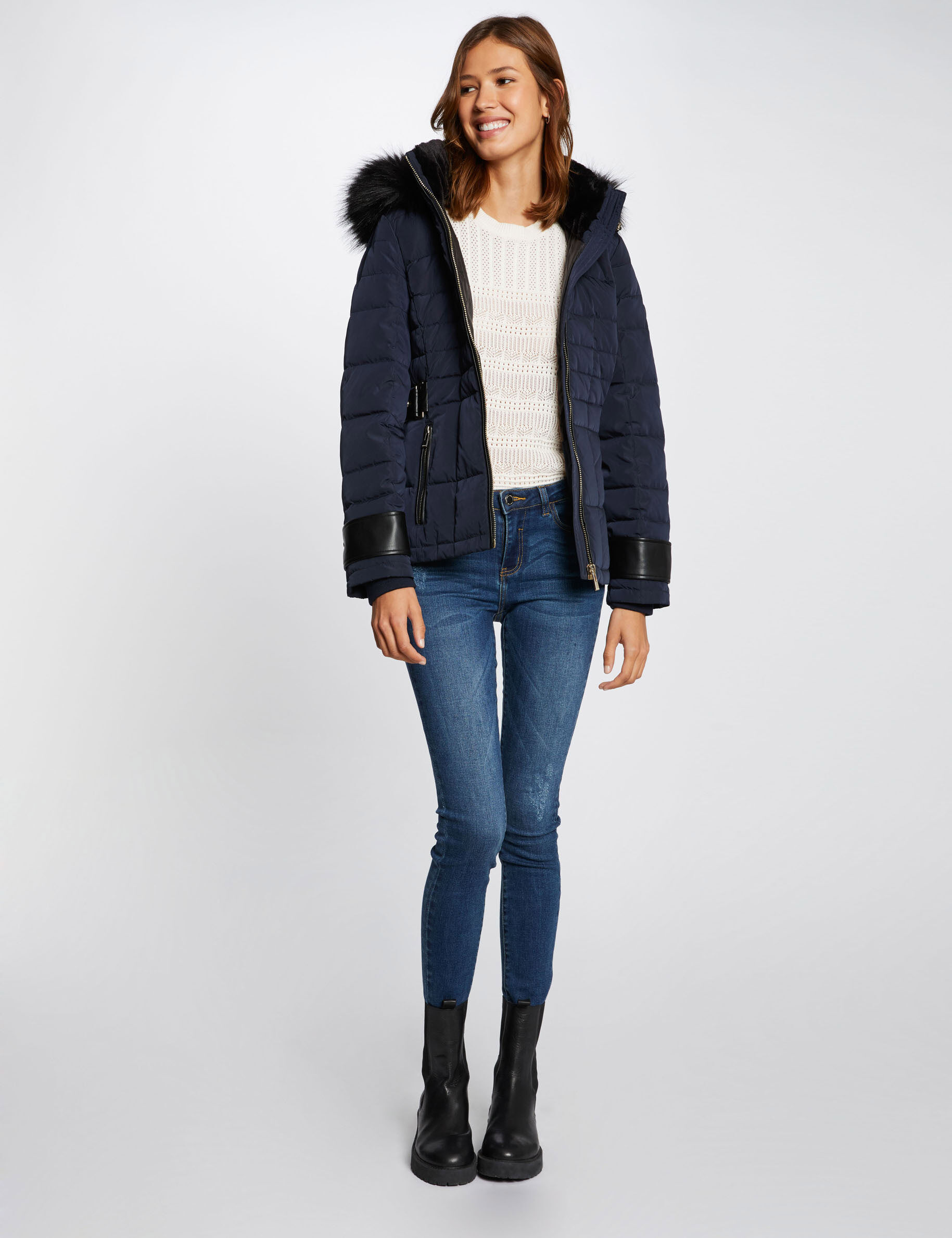 Straight Padded Jacket With Hood Navy Blue Women