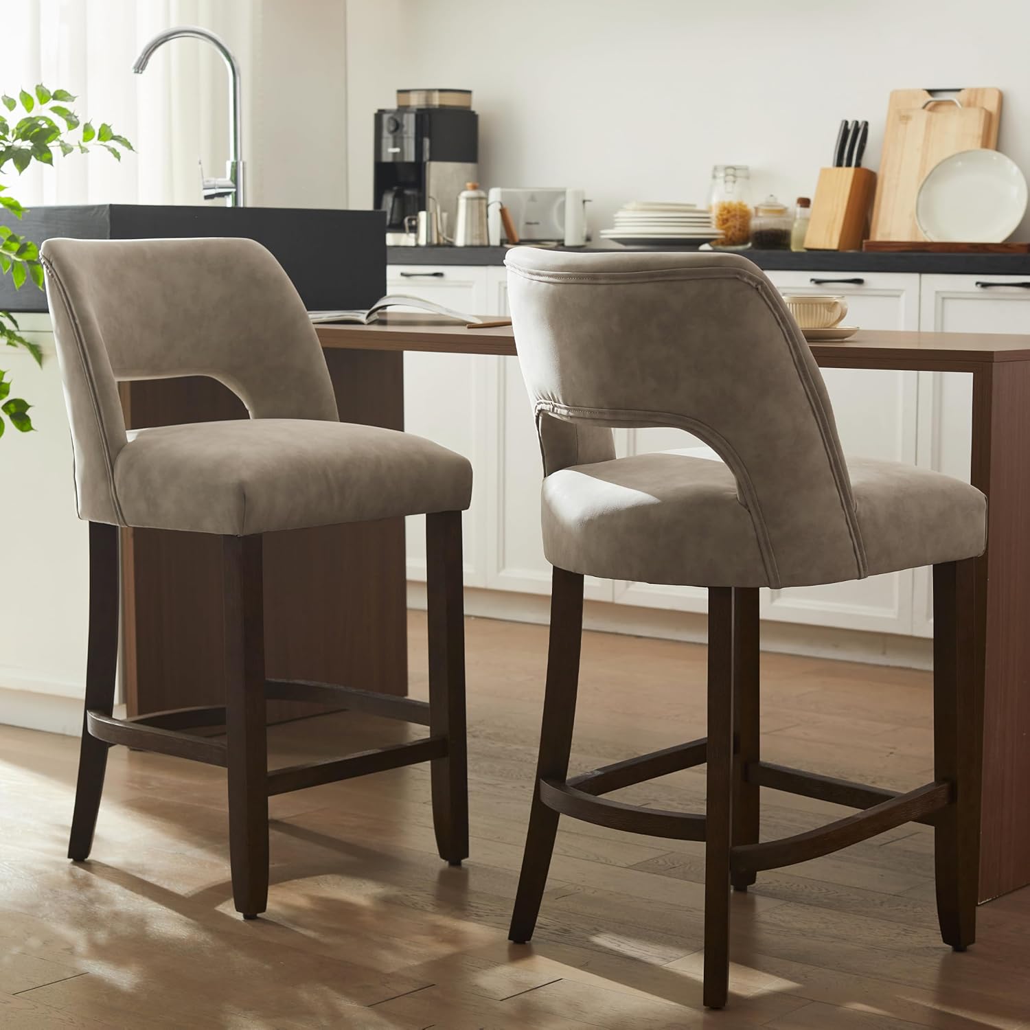 VKNOW 26 Bar Stools Set of 2, Faux Leather Counter Height Bar Stools with Backrest and Rubberwood Legs, Upholstered Barstools for Kitchen Island, Bar and Dining Room, Taupe