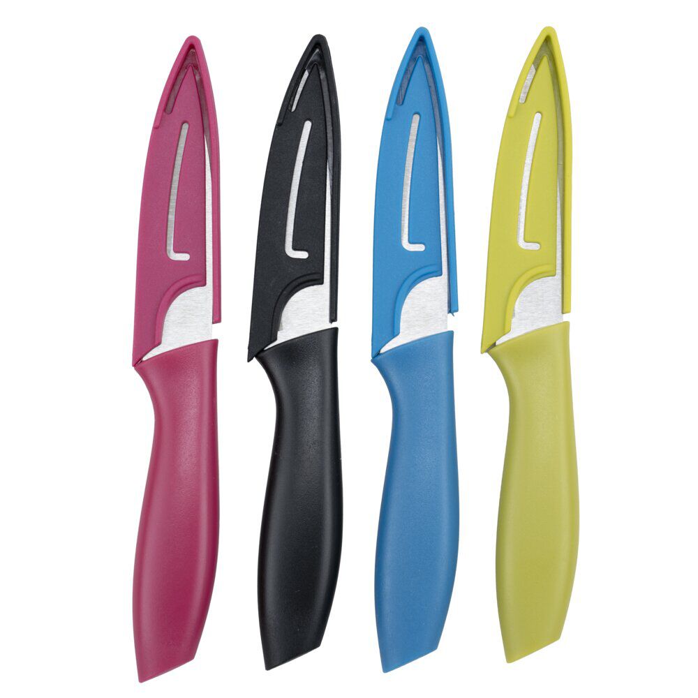 Couteau de cuisine x4 lame inox manche plastique coloré et étuis L19,5cm