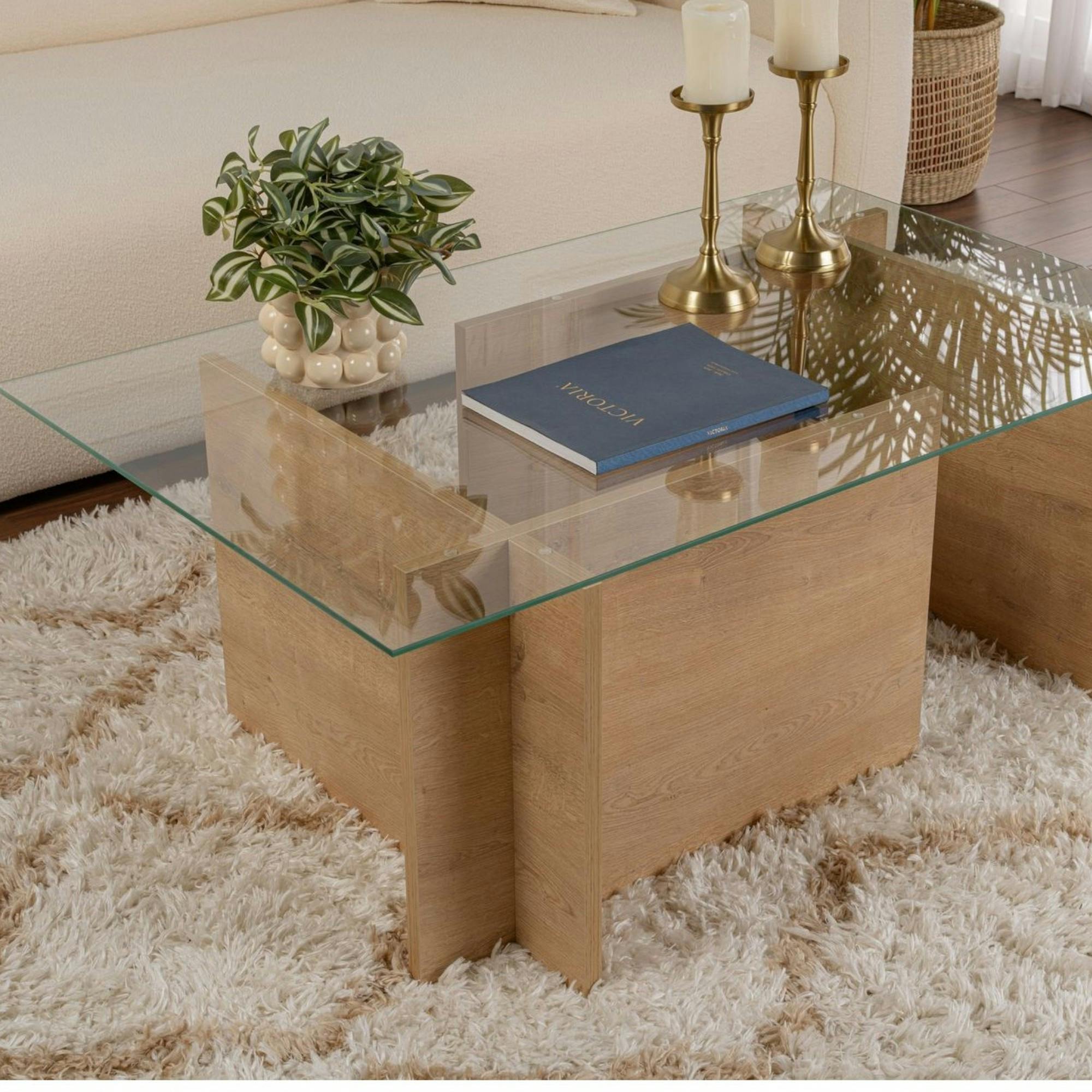 Table basse verre déstructurée – effet chêne cl., H. 40 cm SALTA