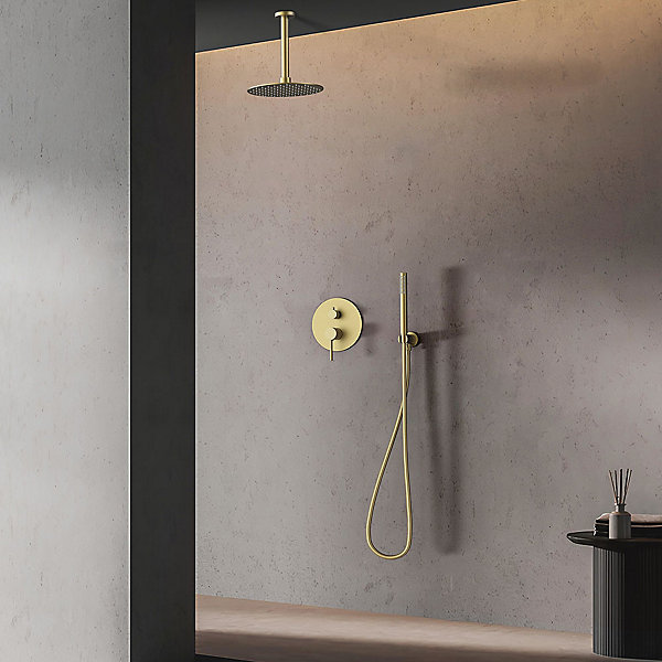 Kibath Robinet de douche encastré, monocommande ronde au plafond, finition or brossé, or mat, en laiton
